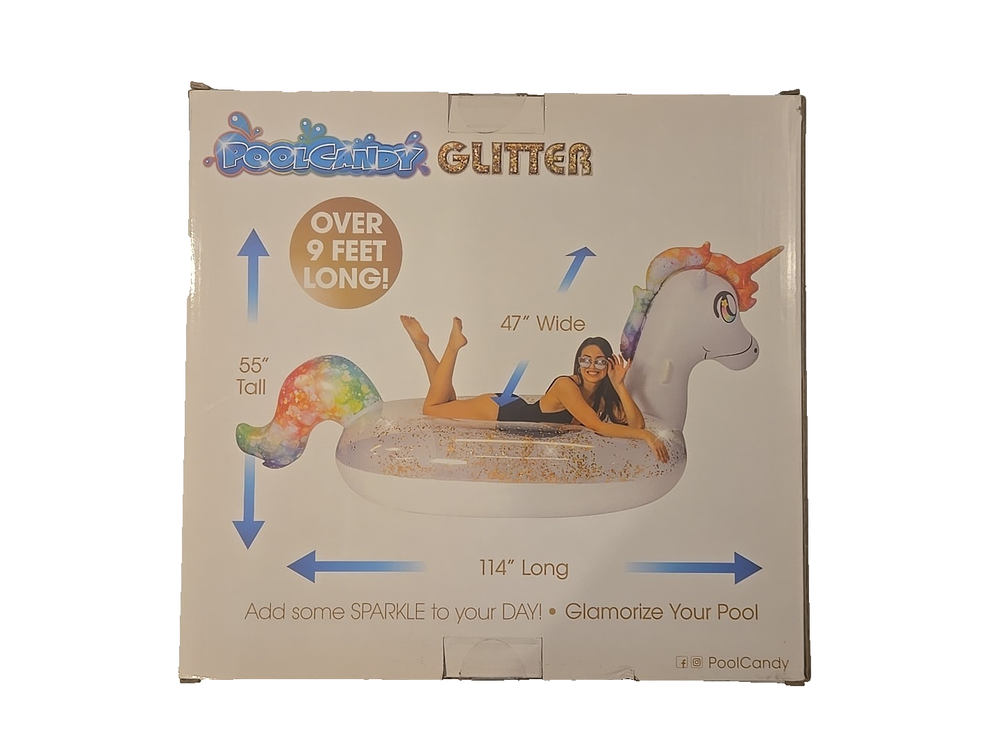 NEW! Gigantic Candy Glitter Unicorn Floating Pool Raft, Over 9 Feet Long!
