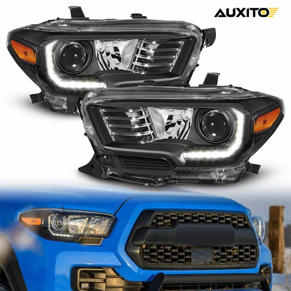 For 2016-2022 Toyota Tacoma w/ LED DRL Black Headlights Amber Corner LH RH Pair