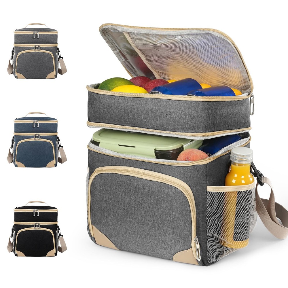 Insulated Double Deck Leakproof Lunch Bag Cooler for Men Women in Grey  -image