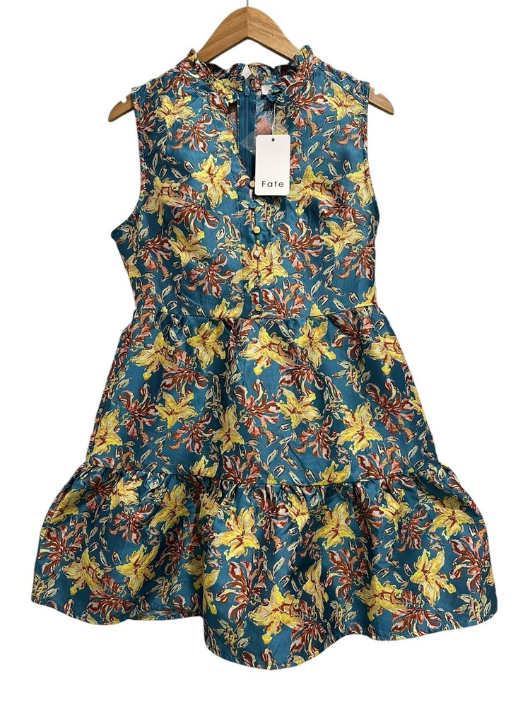 NWT Fate Brocade Cocktail Dress Sleeveless Blue Floral Women’s Size Small
