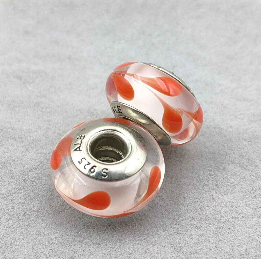 2pcs Authentic Orange Swirl Murano Glass European Charm Bead 925 Sterling Silver