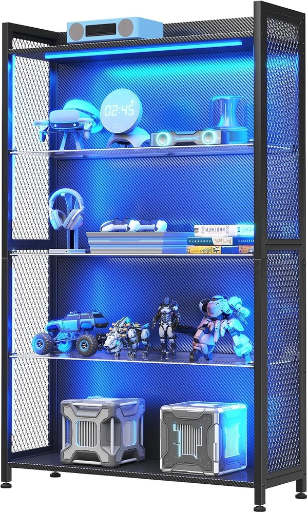 4-Tier Glass Display Cabinet with LED Lights and Storage Shelves