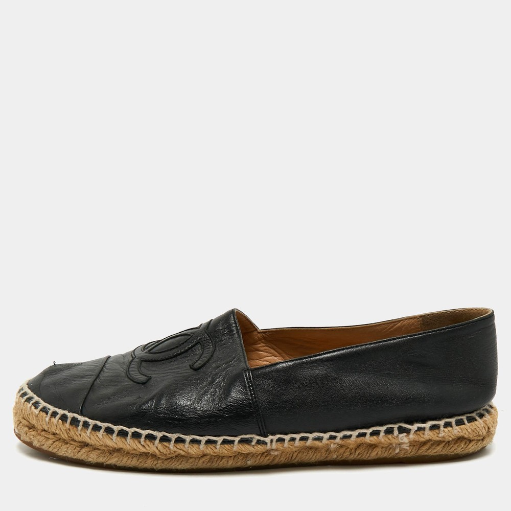 Chanel Black Leather CC Cap Toe Espadrille Flats Size 39