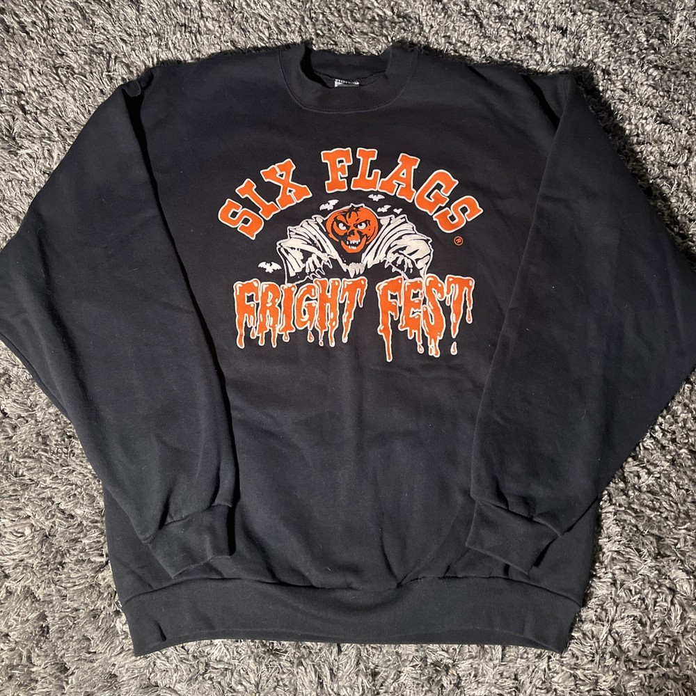 VTG 1980s Six Flags Fright Fest Black Sweatshirt 2XL Rare Vintage Theme Park EUC HTF