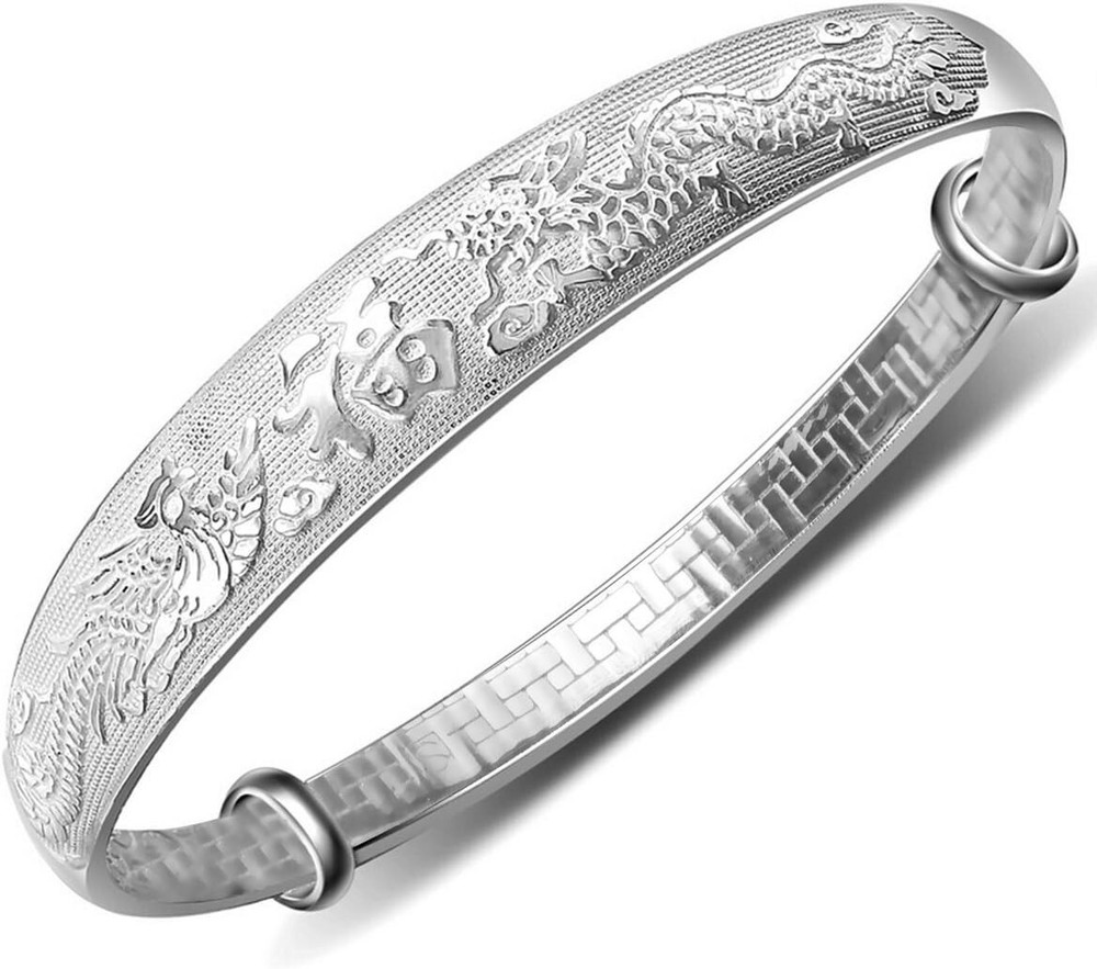 Elegant Women's 999 Silver Bracelet - Adjustable Dragon and Phoenix Charm Bangle