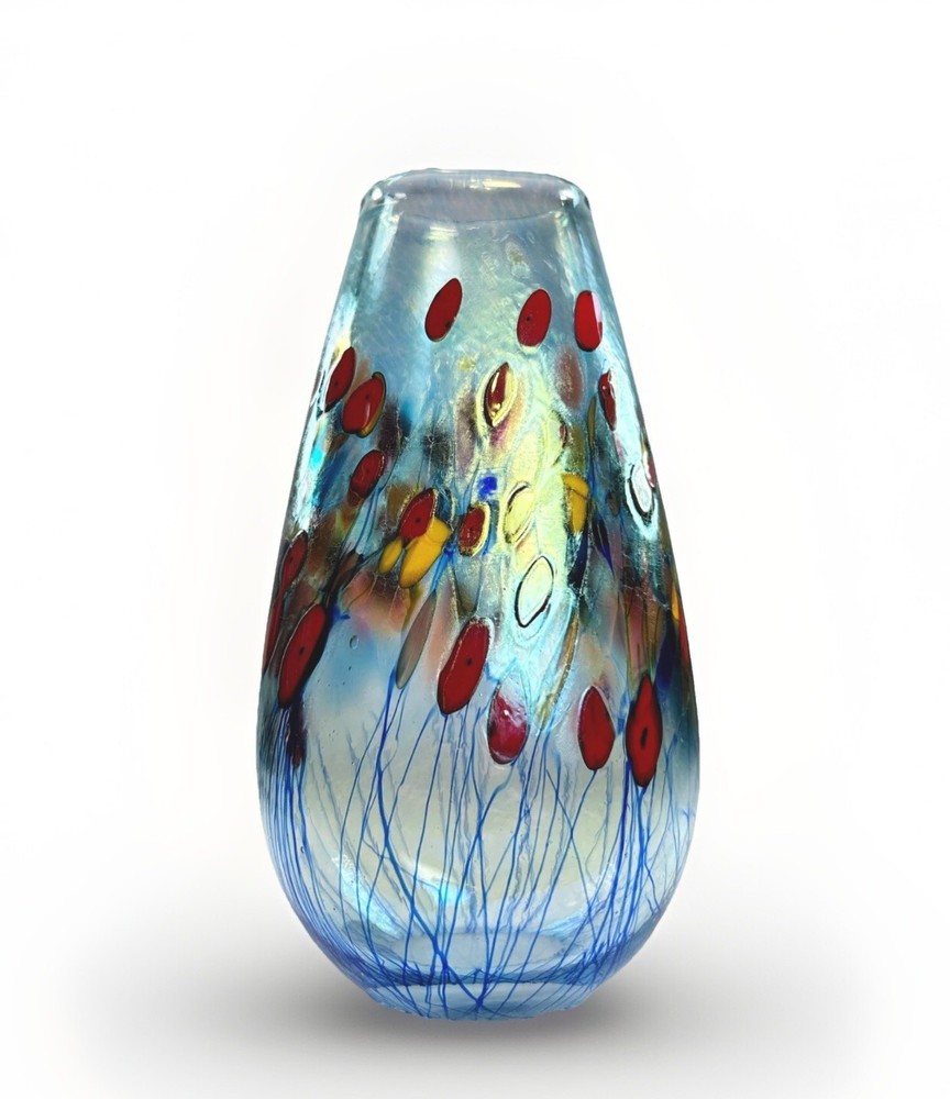 Robert Held Art Glass Hand Blown Teardrop Vase Blue Iridescent Red Poppy Flowers