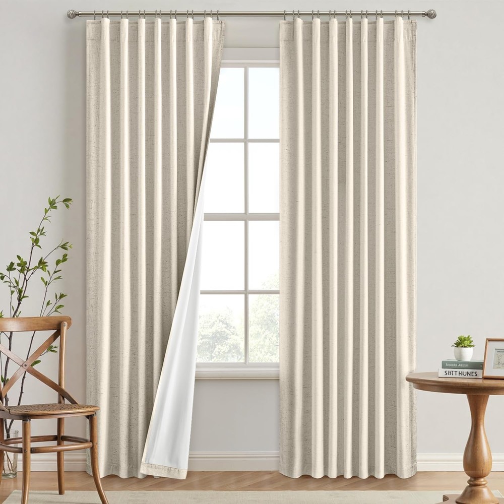 Cream Beige Linen Blackout Curtains 84 inch Long 2 Panels Set for Bedroom Bac...