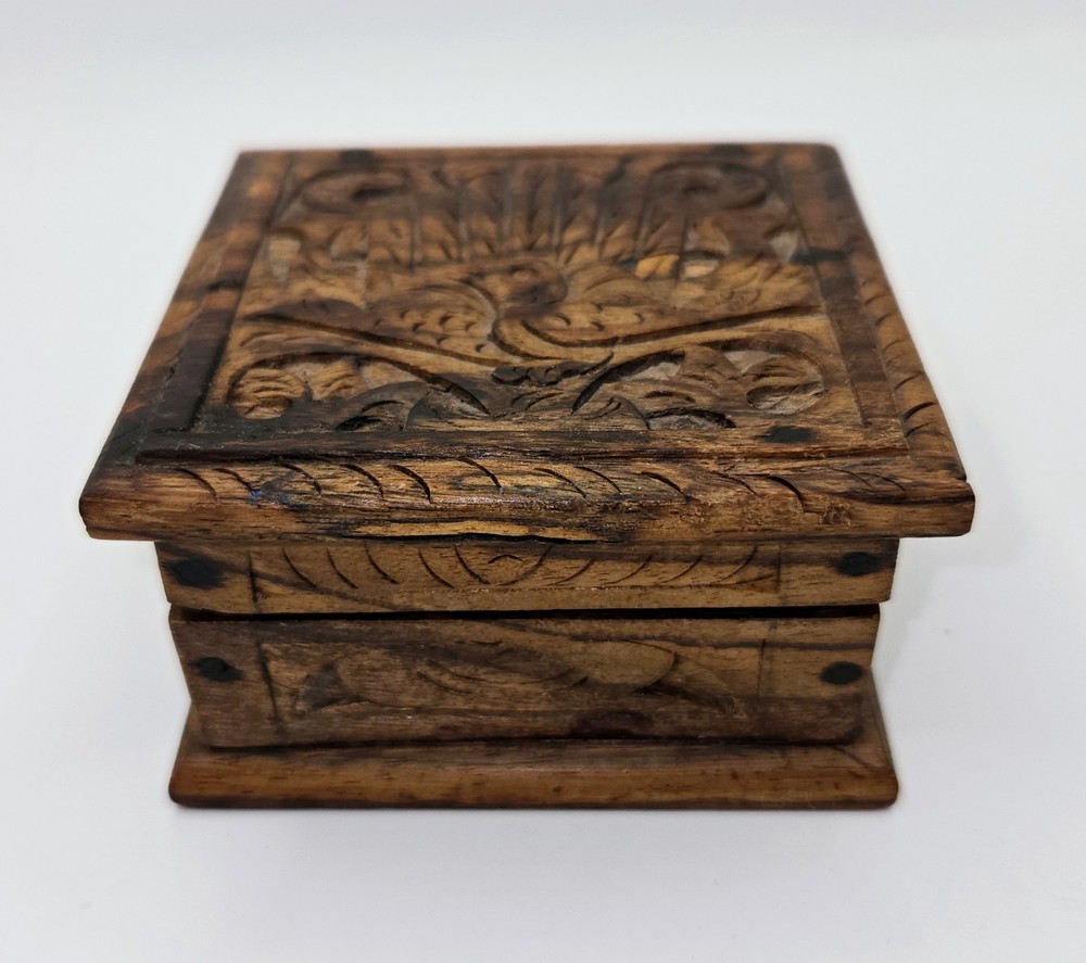 Vintage Hand-Carved Wooden Trinket Box Ornate Details With Hinged Lid