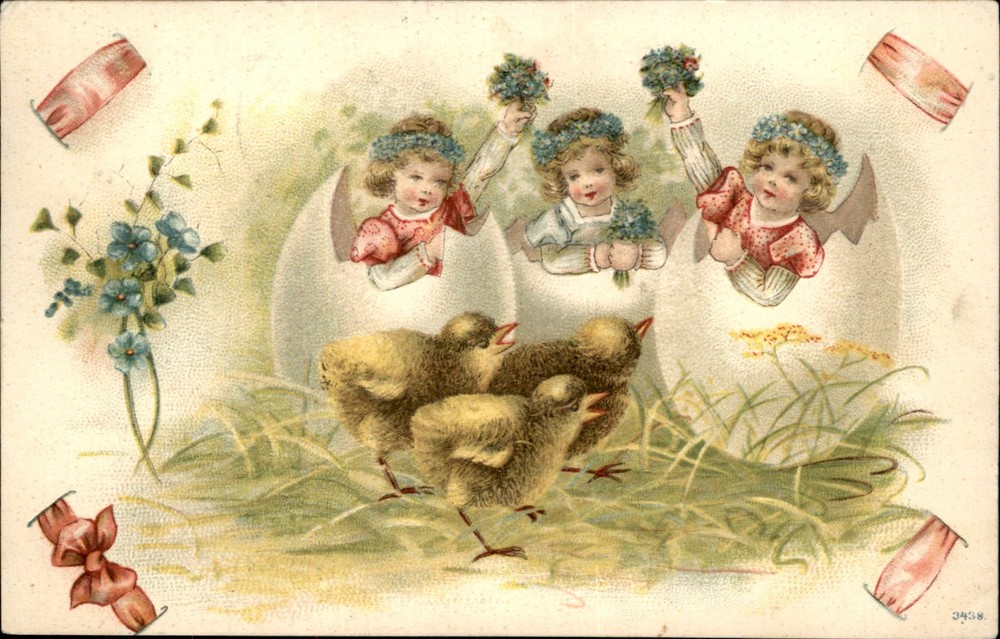 Easter Little Girls Hatched Eggs Chicks Embossed c1900-20s Vintage Postcard