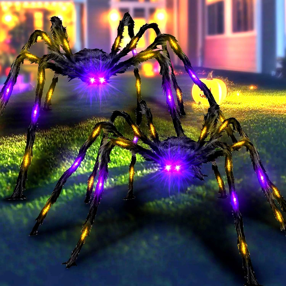 2 Pack 4.2Ft Halloween Giant Spider,Light up Spider with 24 Purple and Orange Li