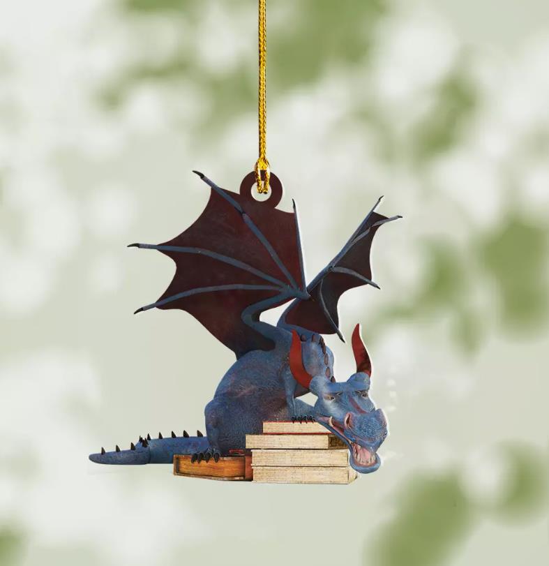 Dragon And Book Light Christmas Ornament  Book Lovers Gift Reading Room Decor