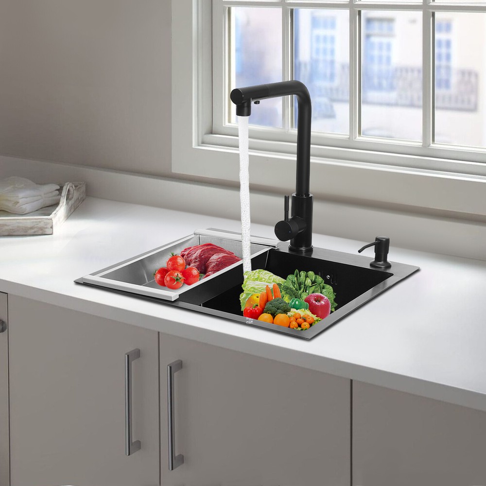 Black Stainless Steel Kitchen Sink with Built-in Tap for Modern Design