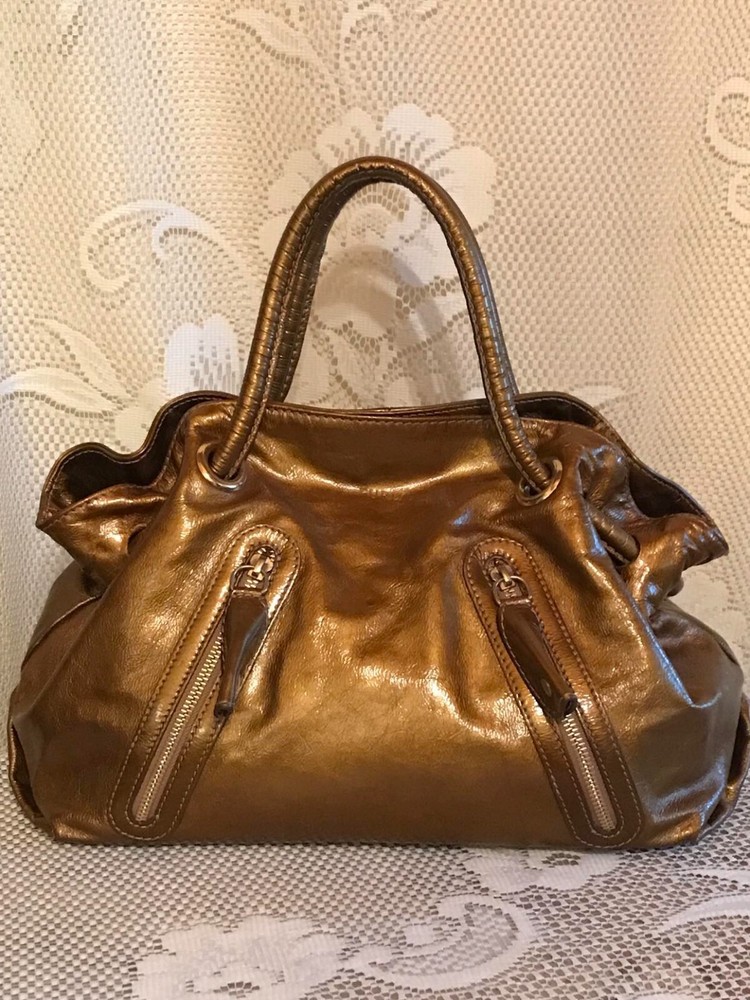 Furla Carmen Metallic Gold Leather Drawstring Satchel with Double Handles