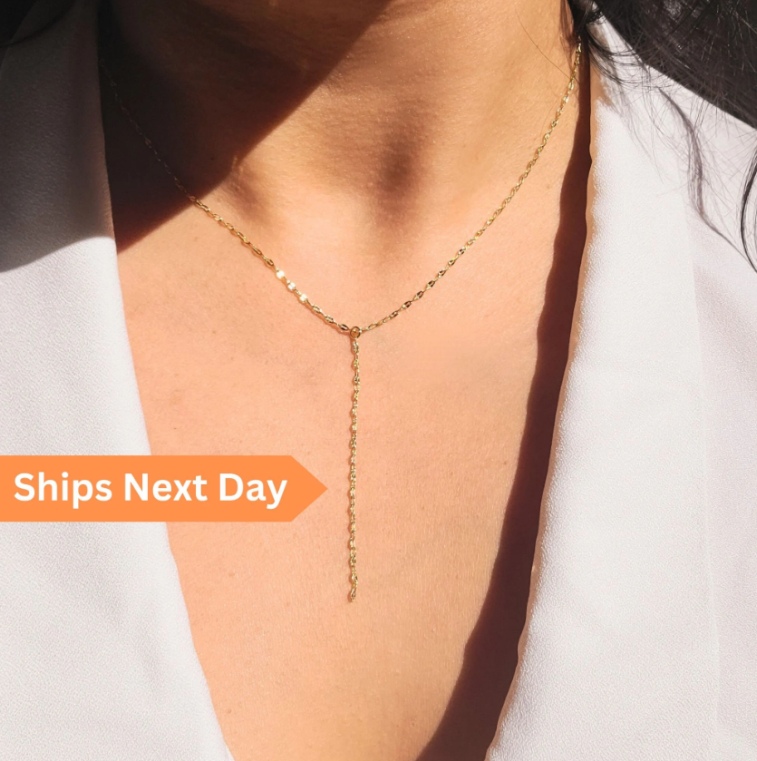 New Gold over 925 Sterling Silver & Pearl Lariat Y Station Necklace w Gift Pouch