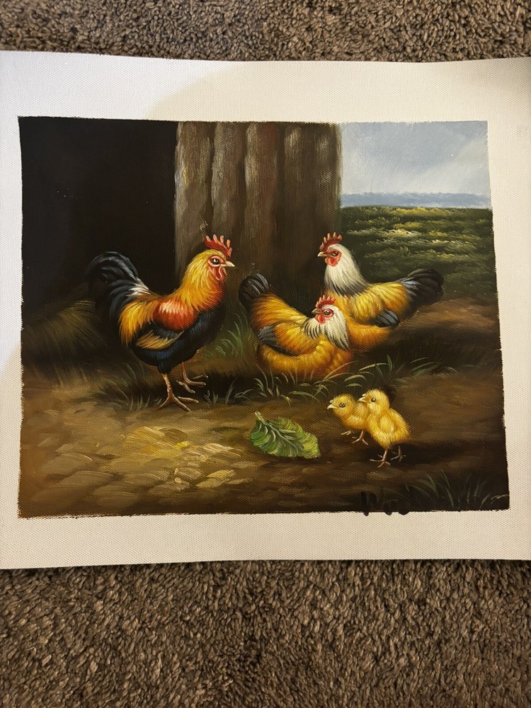 Chickens Bird Real Oil Painting On Canvas Background 9”x11”