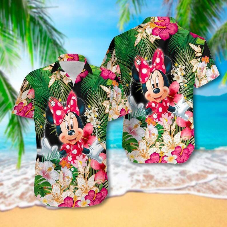 Cute Minnie Mouse Hibiscus Tropical Aloha Summer Vacation 3D Hawaii Shirt for Women and Kids