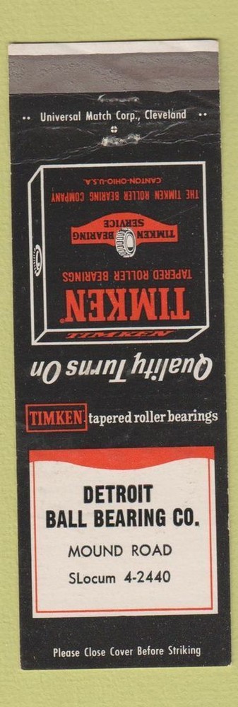 Vintage Detroit Ball Bearing MI Timken WEAR Matchbook Cover