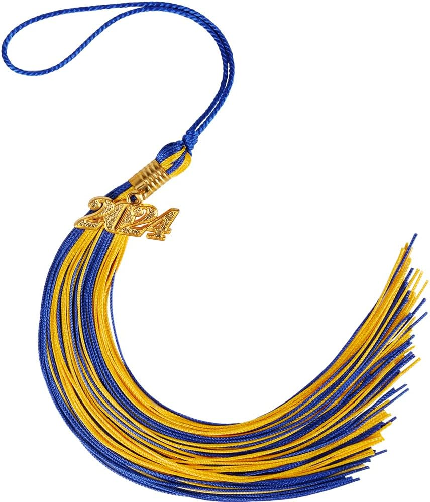 2024 Graduation Cap Tassel Blue Gold with Elegant Charm