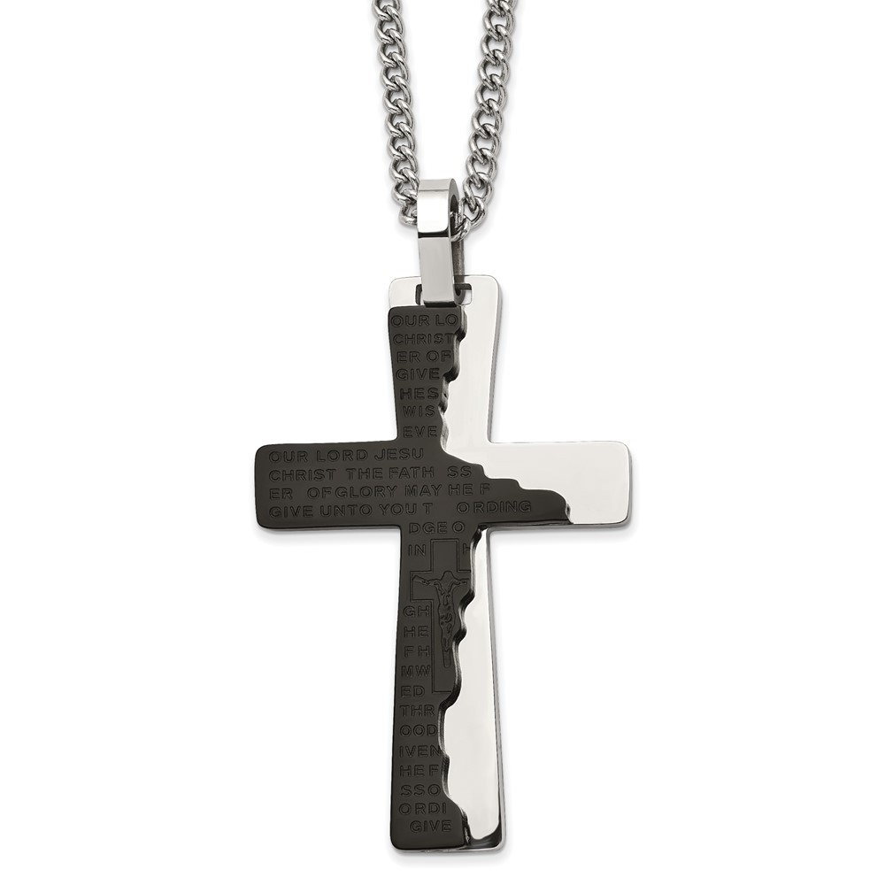 Stainless Steel Black IP-plated Etched Broken Prayer Cross Pendant Necklace 24