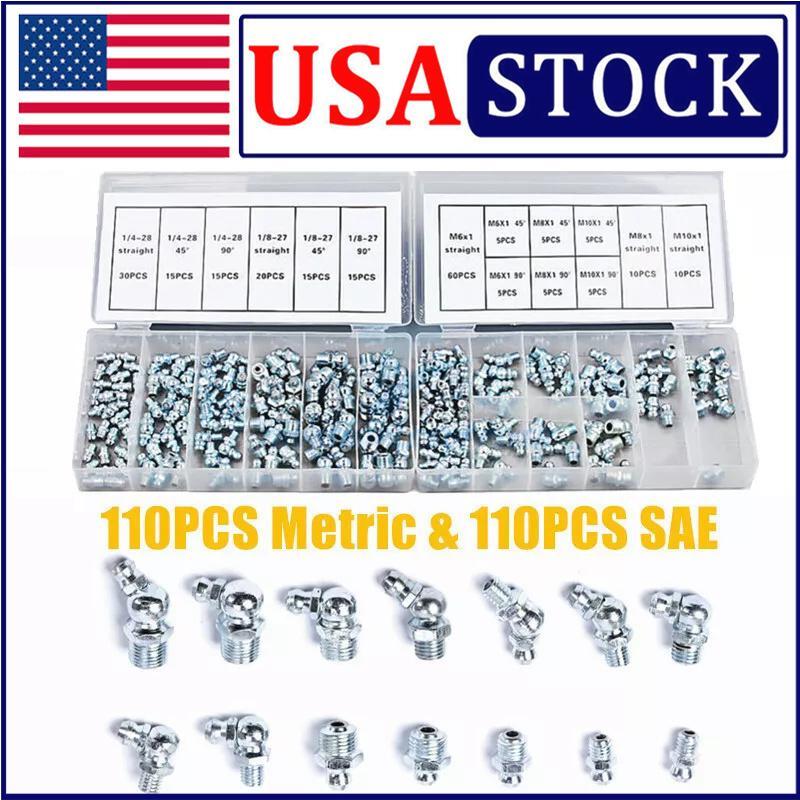220pcs Metric & SAE Hydraulic Lubrication Grease Zerk Fittings Assortment Set