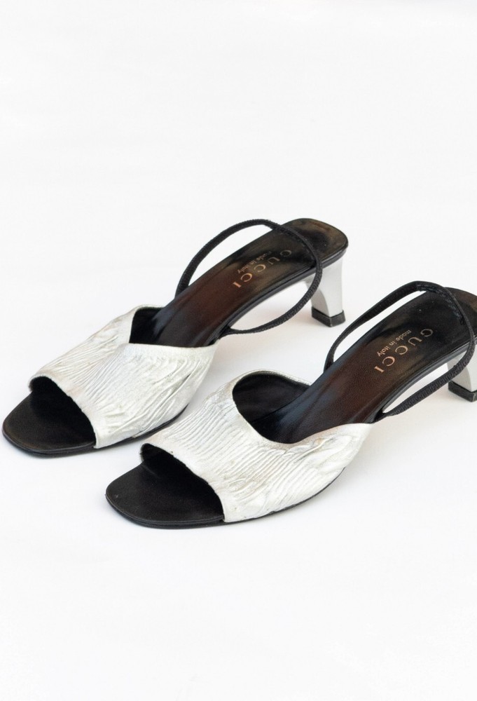 Gucci Vintage Slingback Silver Mules Sz 37.5 Sandals Heels