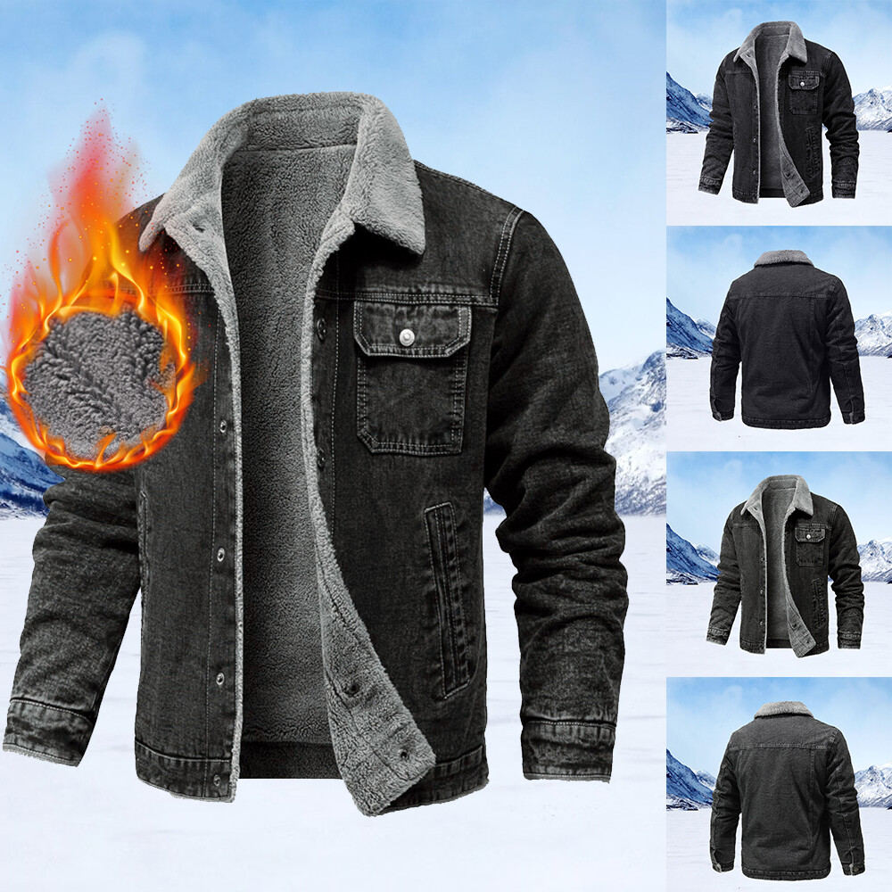 Mens Fleece Lined Denim Jacket Jean Shirt Thick Thermal Blouse Warm Winter Coats