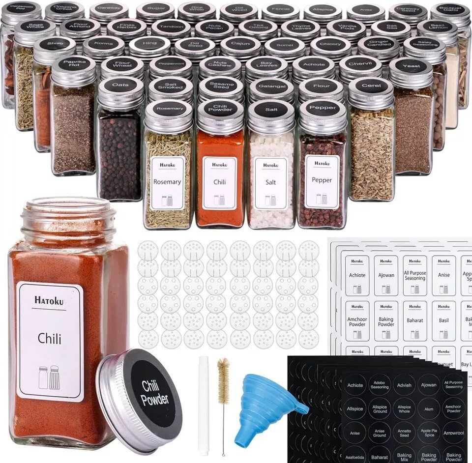 48-Piece Glass Spice Jar Set with Lids & 400 Preprinted Labels