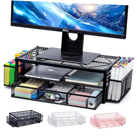 2-Tier Monitor Stand for Desk, Metal Computer Monitor Riser with Drawer and 2