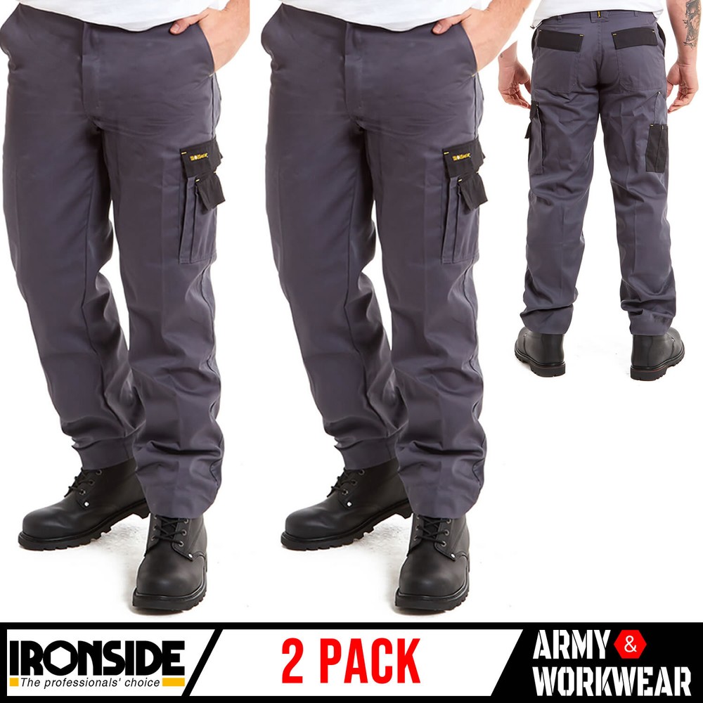 2 x Mens Work Trousers Durable Industrial Cargo Pocket Elasticated Grey/Black