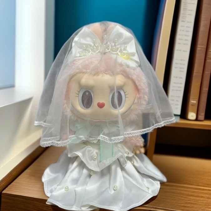 38CM POP MART Labubu Monster Plush Doll in Satin Wedding Dress