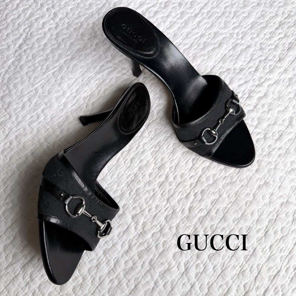 GUCCI Horsebit GG Canvas Leather Mule Sandals Black Size 35.5 22.5cm Authentic