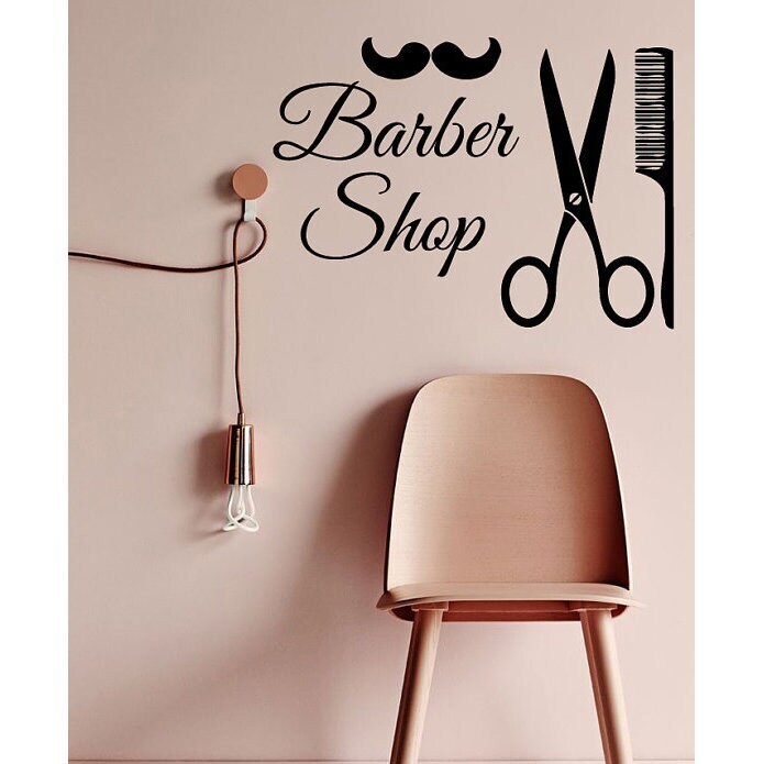 Men Barber Shop Interior Design Art Scissors Comb Mustache Beauty Salon Vinyl