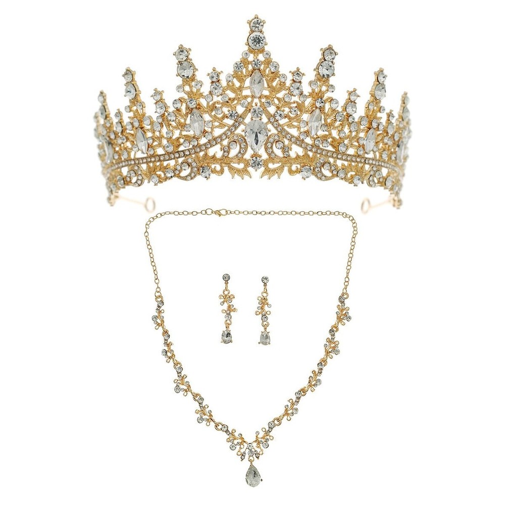 PRINCESS BRIDE Women Jewelry Set Tiara Set with Earrings and Necklace Gold Go...