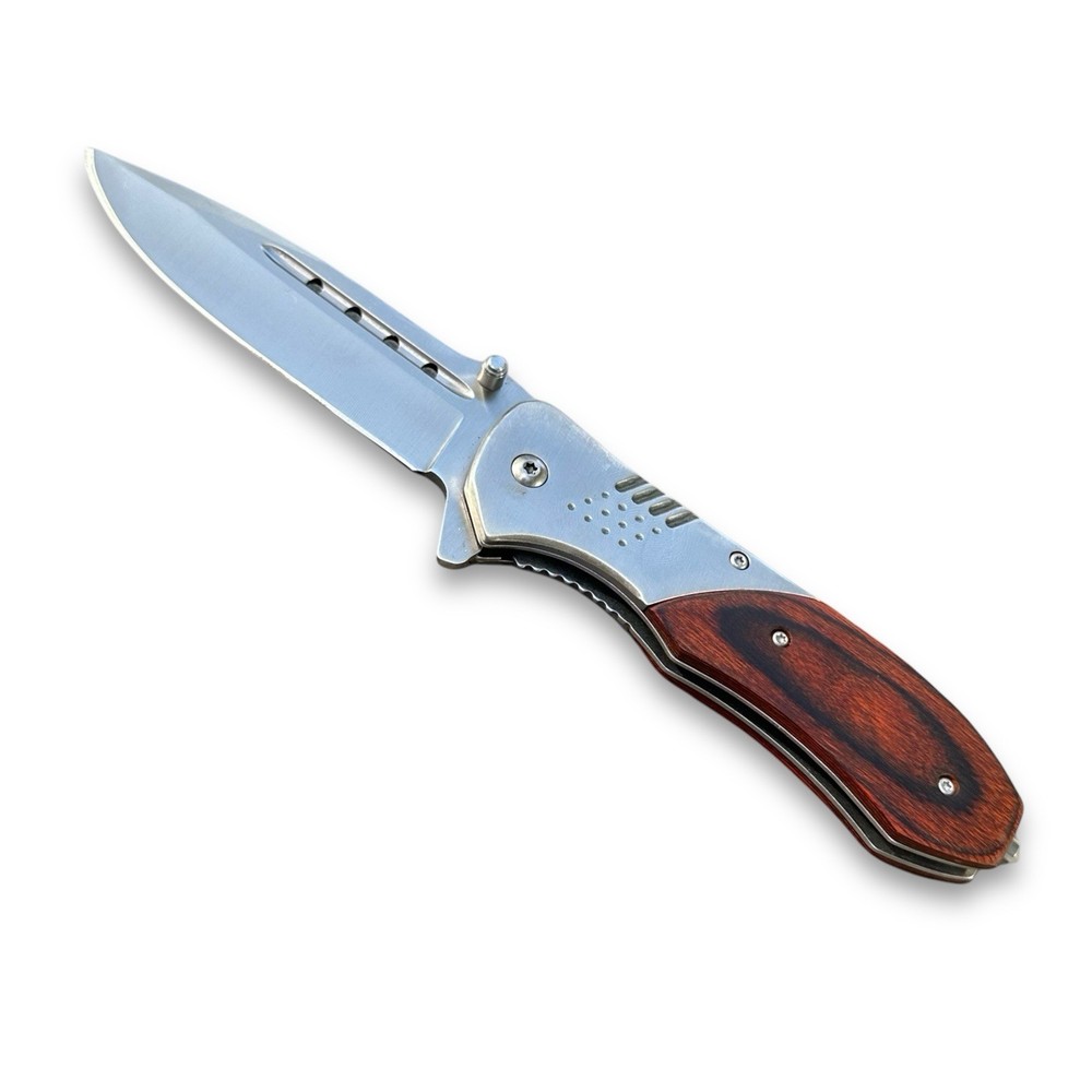 Premium Woodgrain Pocket Knife with Drop Point Blade – Ideal EDC