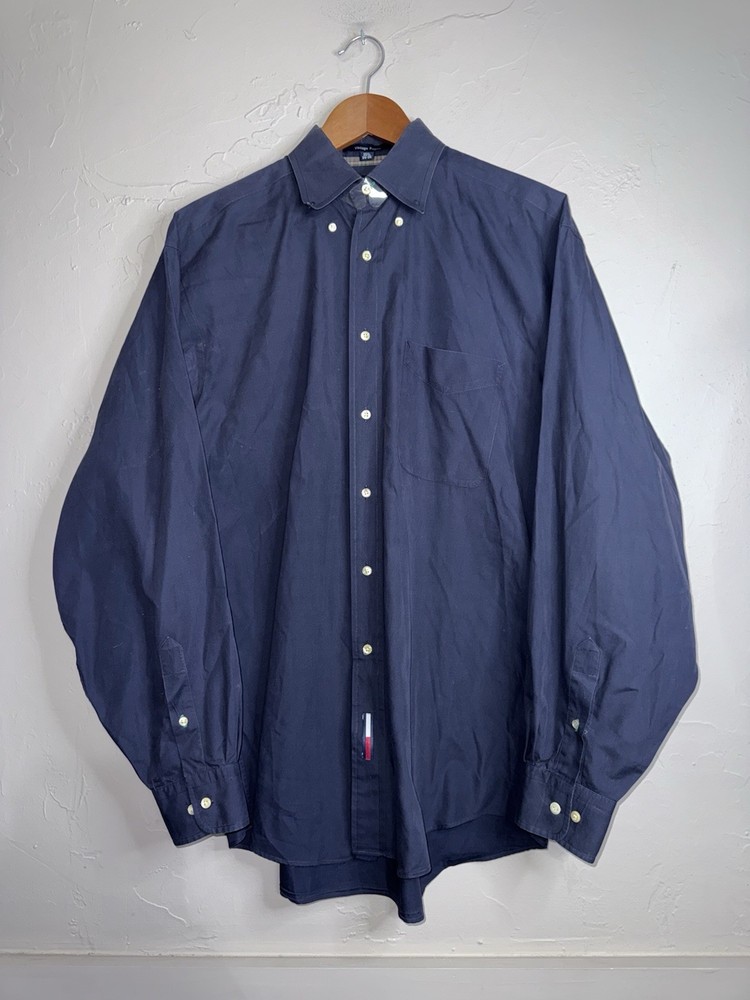 Tommy Hilfiger Mens Black Button Dress Shirt Long Sleeve Collar Size 17 34-35