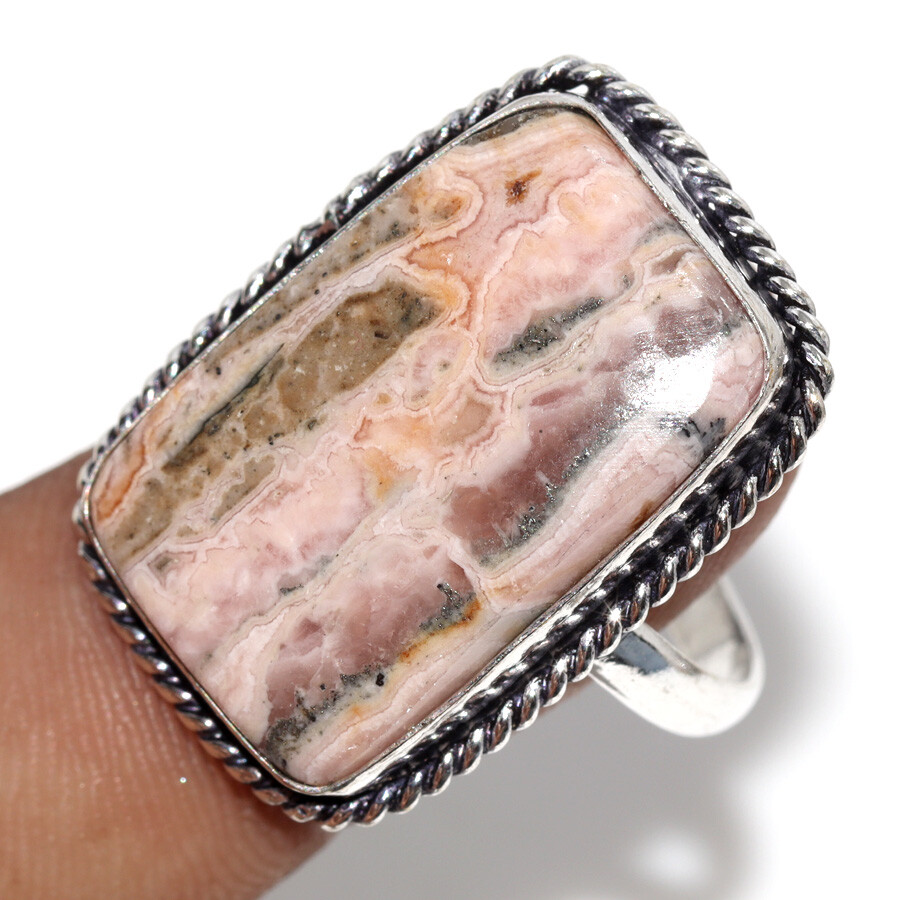 Pyrite In Rhodochrosite 925 Silver Plated Gemstone Ring US 12 Best Gifts JW