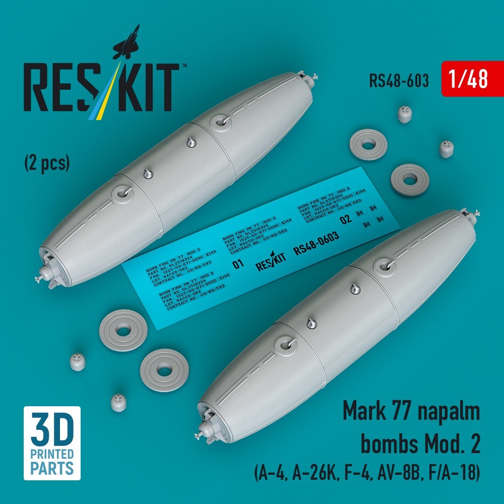 1/48 Mk-77 Napalm Bombs Mod.2 Resin Aircraft Weapons Set (2pcs) ResKit RS48-0603
