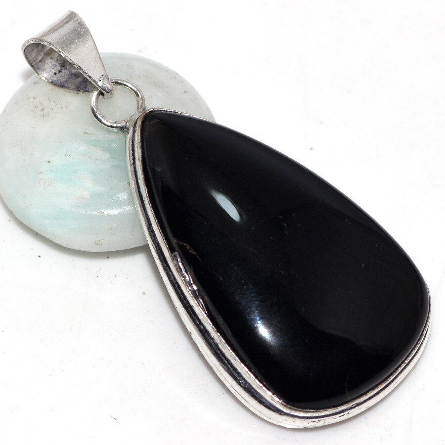 Black Onyx 925 Silver Plated Handmade Gemstone Pendant Modern Gift Jewelry 2 Inch