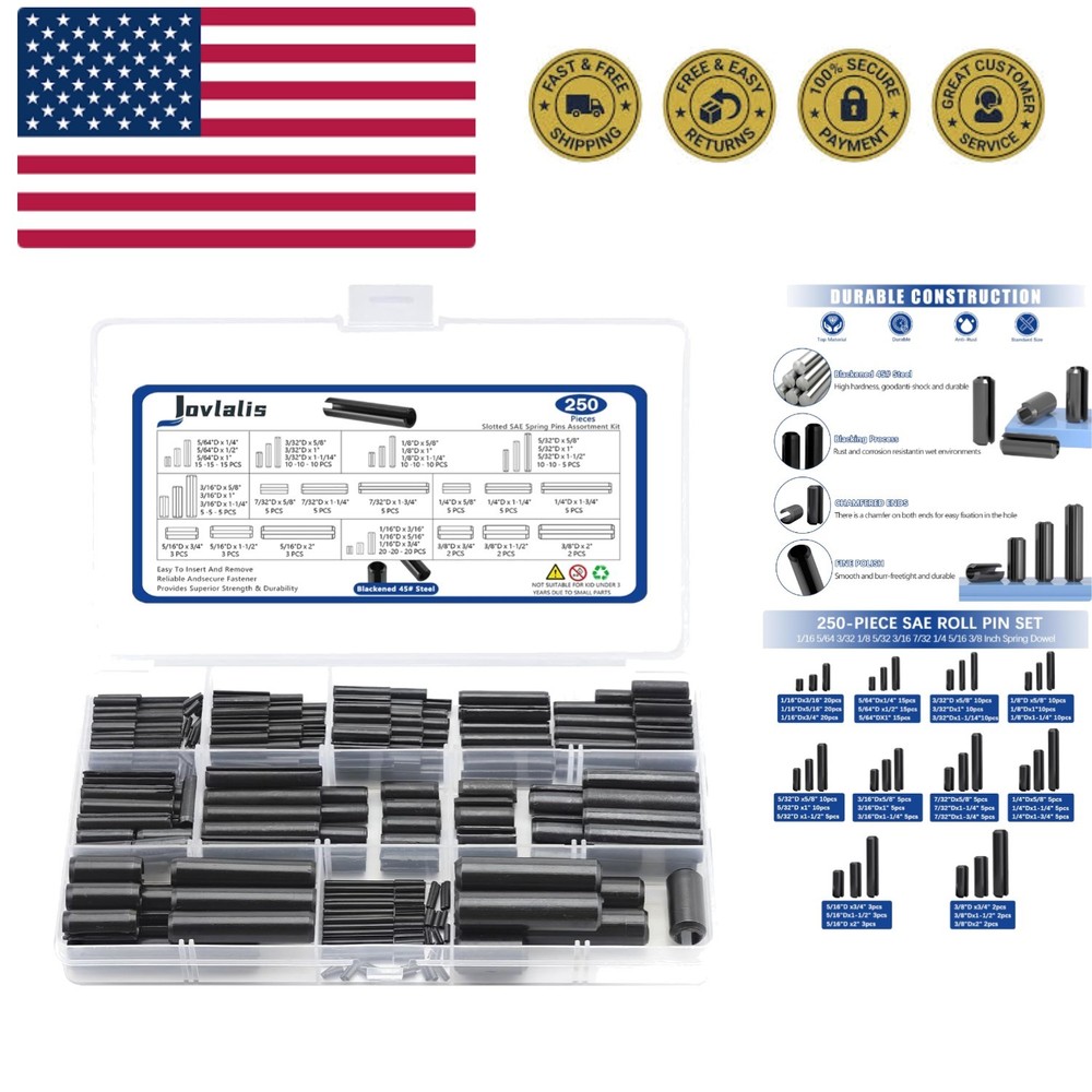 250 Pcs Roll pin Assortment, SAE Roll Pin Set, Slotted Spring Pins, Steel Spl...