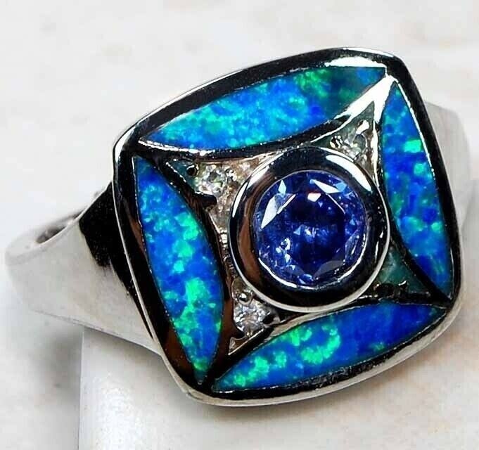 Treated Blue Sapphire & Australian Opal Inlay 925 Sterling Silver Ring Sz 6 DT2