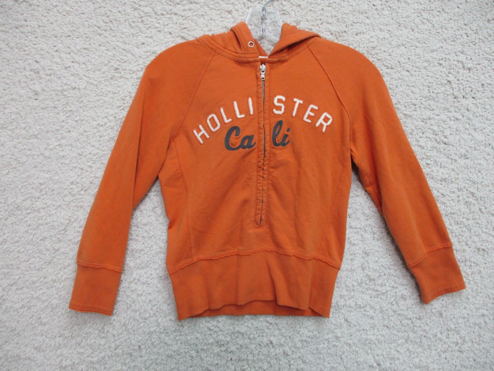 Hollister Sweater Large Youth Orange 1/2 Zip Pullover Hoodie Spell Out Logo Girl