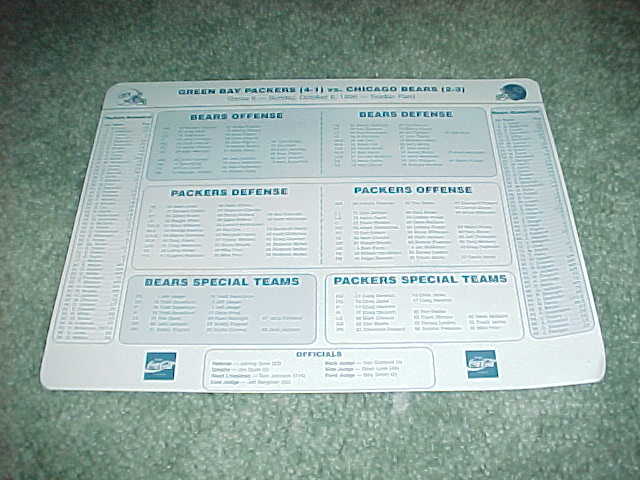1996 Green Bay Packers v Chicago Bears Roster Sheet 10/6 Brett Favre 4 TD Game