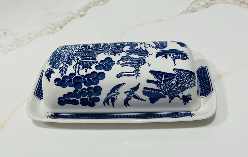 Churchill Blue Willow Covered Butter Dish-Crafted in England