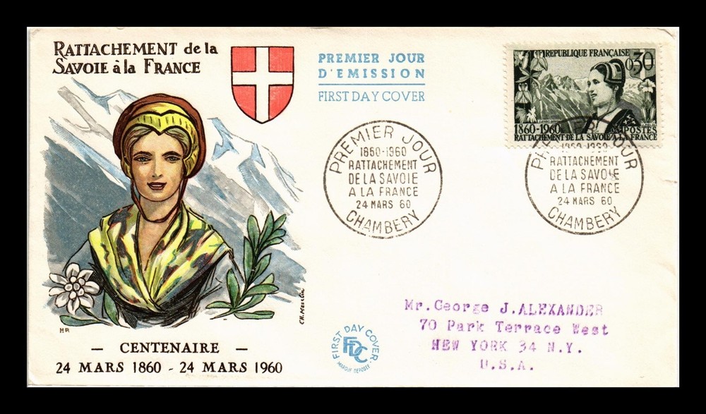 DR JIM STAMPS FRANCE THERMOGRAPHED COLORED FDC ATTACHMENT OF SAVOY TO FRANCE
