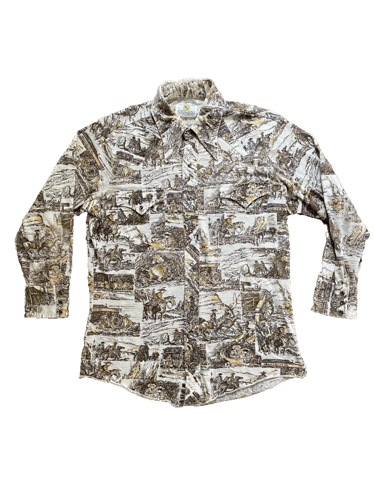 Vintage 1970s Dickson Jenkins Pearl Snap Graphic Western Cowboy Shirt Mens M USA Rodeo Style