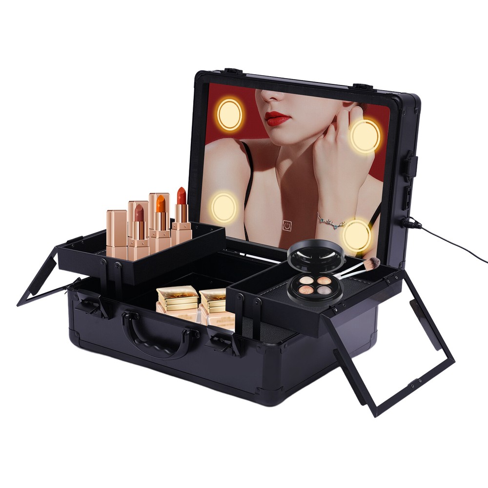 Portable LED Light Mirror Makeup Case with Lockable Cosmetics Organizer