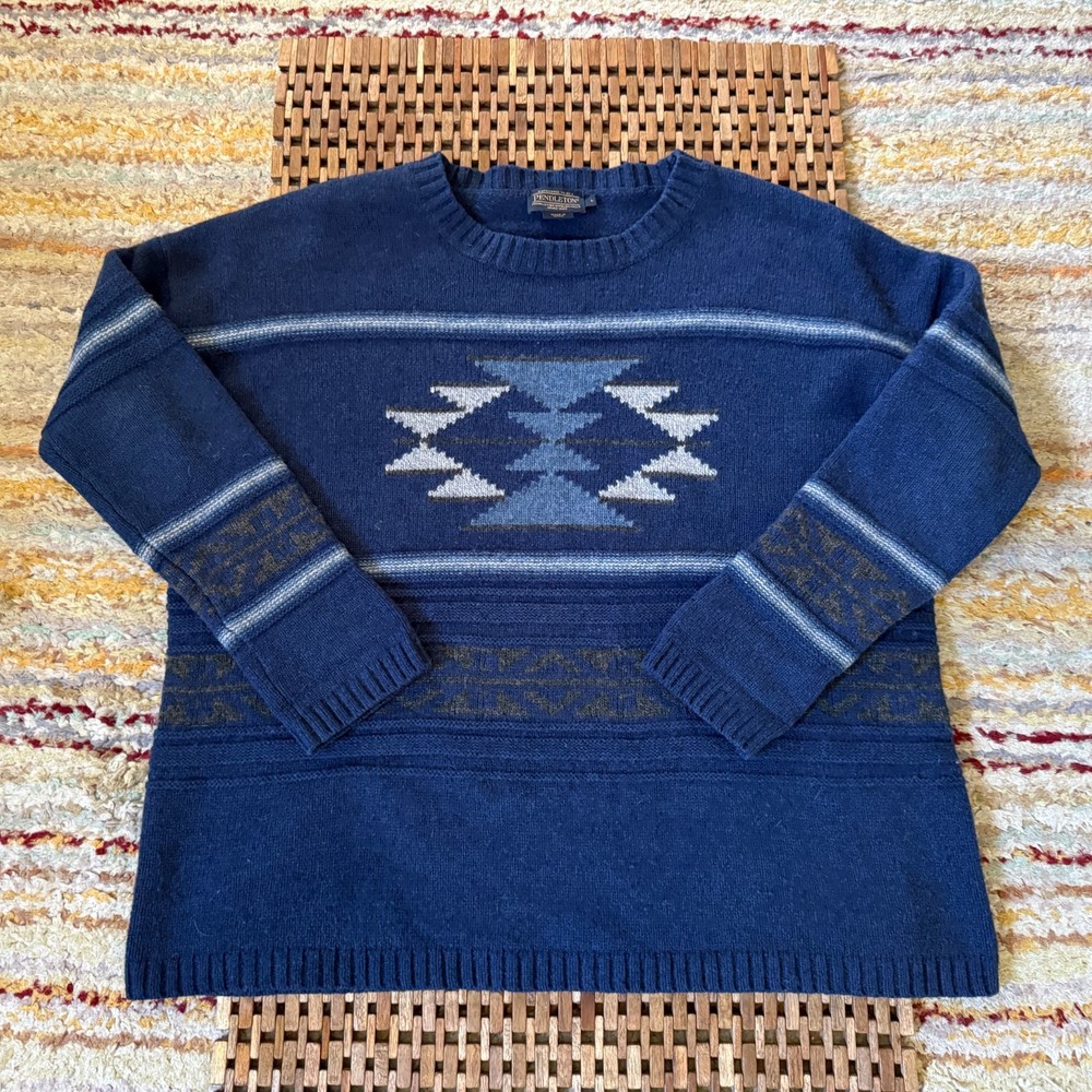 Pendleton Aztec Print Crew Neck Wool Sweater Blue Men's Size Large L