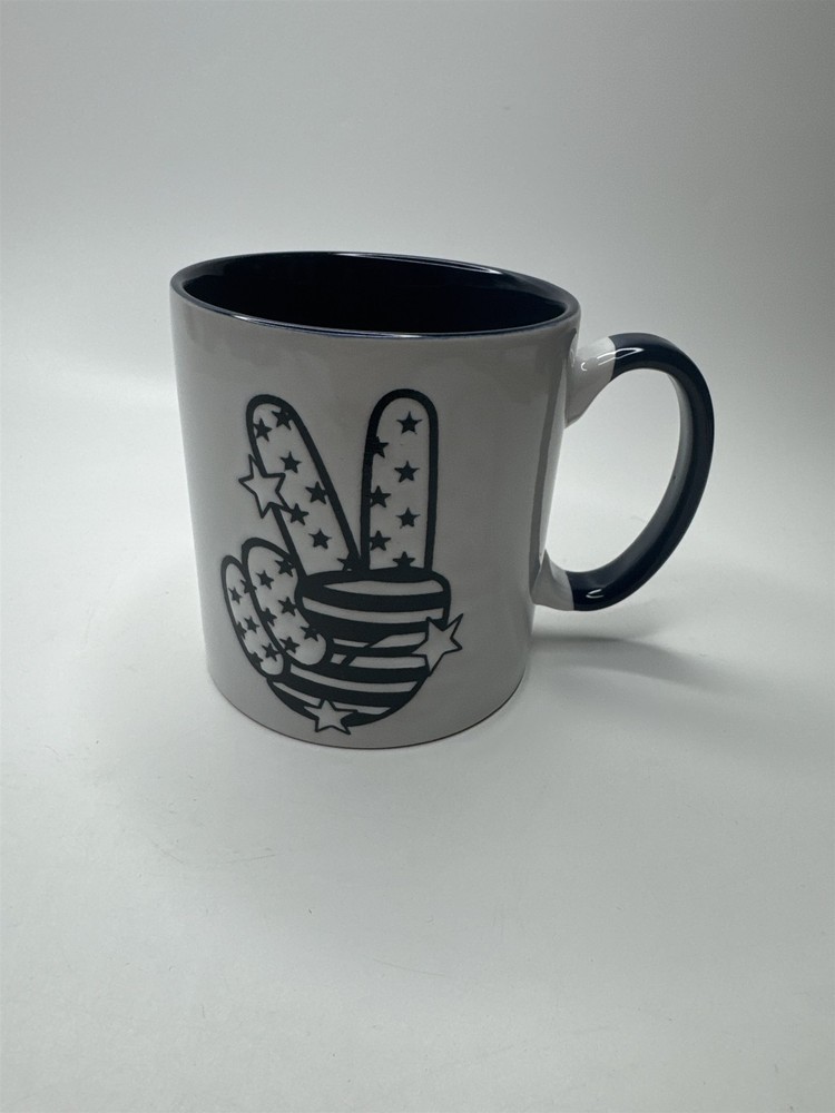 Ceramic Heavy Duty Embossed Blue and White Peace Fingers Stars & Stripes Mug