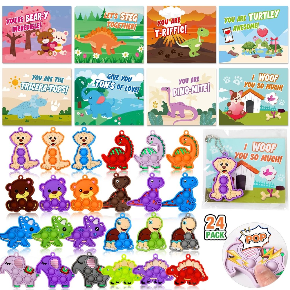 Valentines Day Cards for Kids, 24 Pack Pop Fidget Toys Keychains for Kids wit...