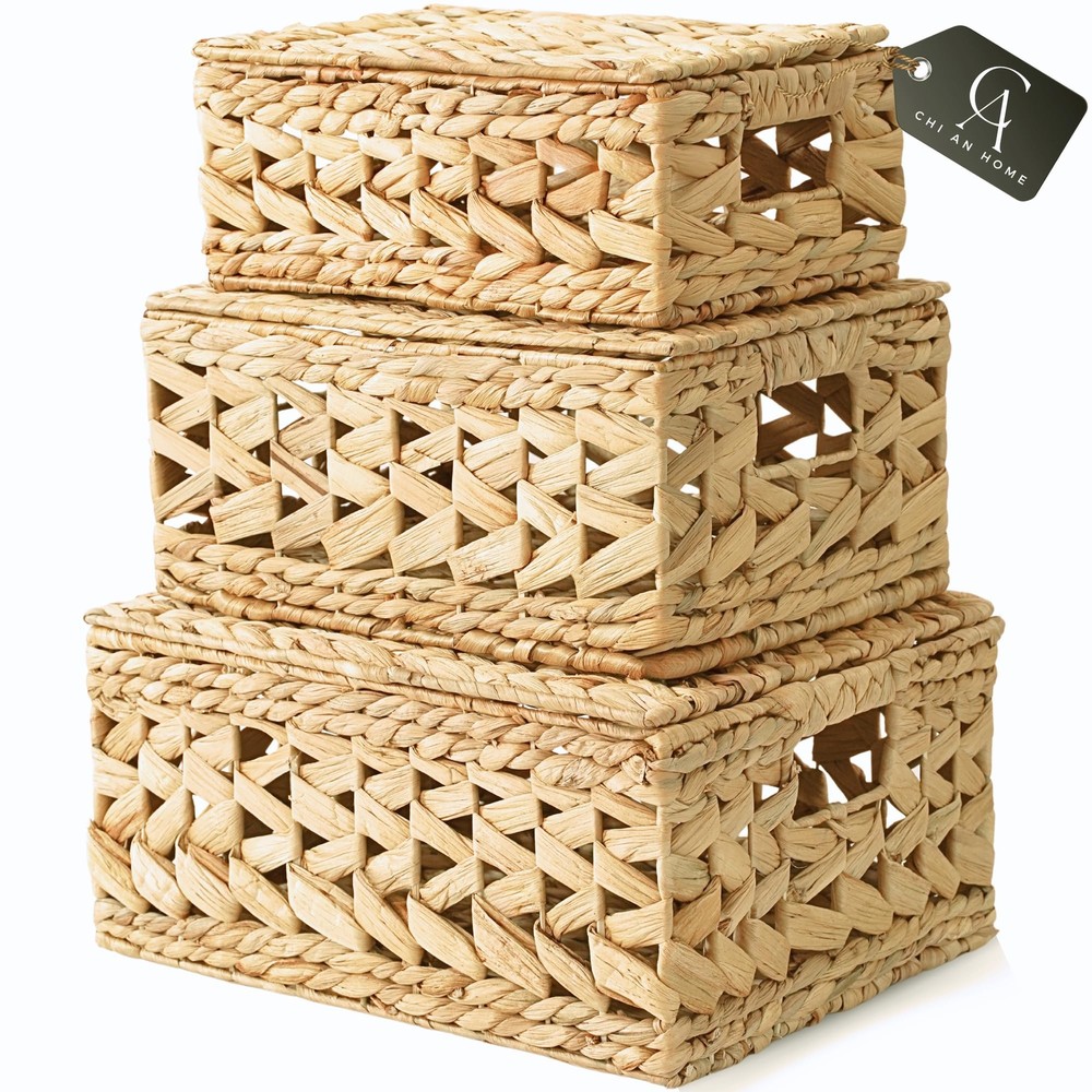 CHI AN HOME Wicker Storage Basket with Lid, Natural Decorative Wicker Basket ...